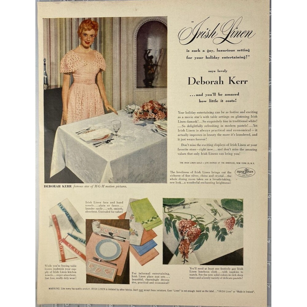 Irish Linen Deborah Kerr says "you will be amazed how little it Costs!" Ad 1951